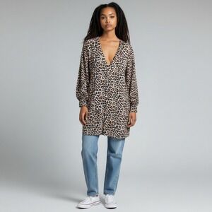 Leopard Print Oversized Shirtdress Viscose V-Neck Mini Dress‎ Mob Wife Size L